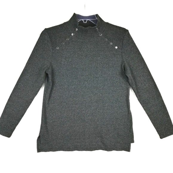 Rafaella Womens Sweater Pullover Ribbed Knit Charcoal Gray High Neck Studded S‎ - Picture 1 of 10